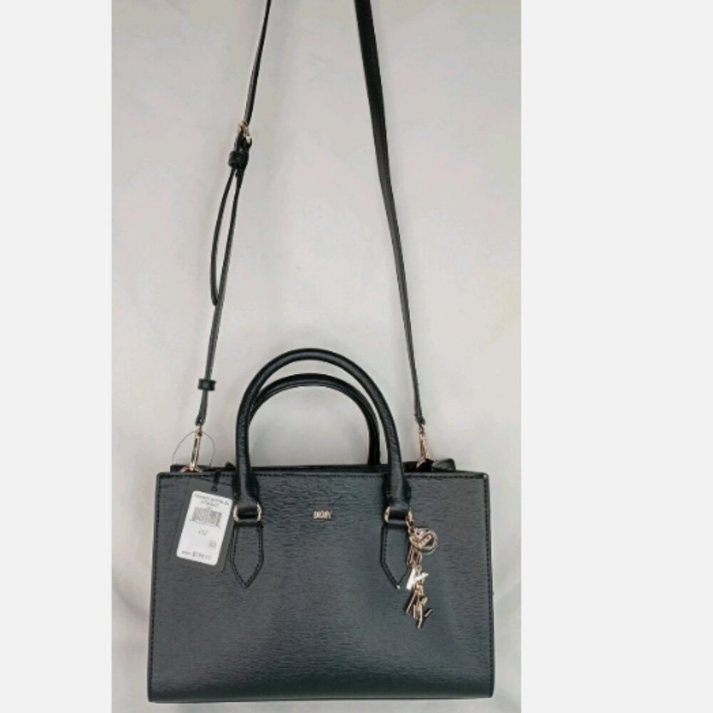 NWT DKNY Perri Box Satchel Bag R33A3A67 Black & Gold MSRP $198